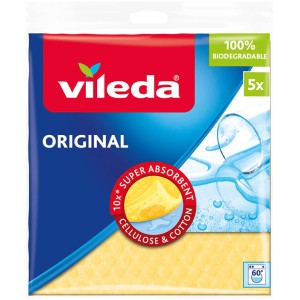 Vileda Schwammtuch 5er-Pack: Gelbe, saugfähige Reinigungstücher im transparenten Paket.