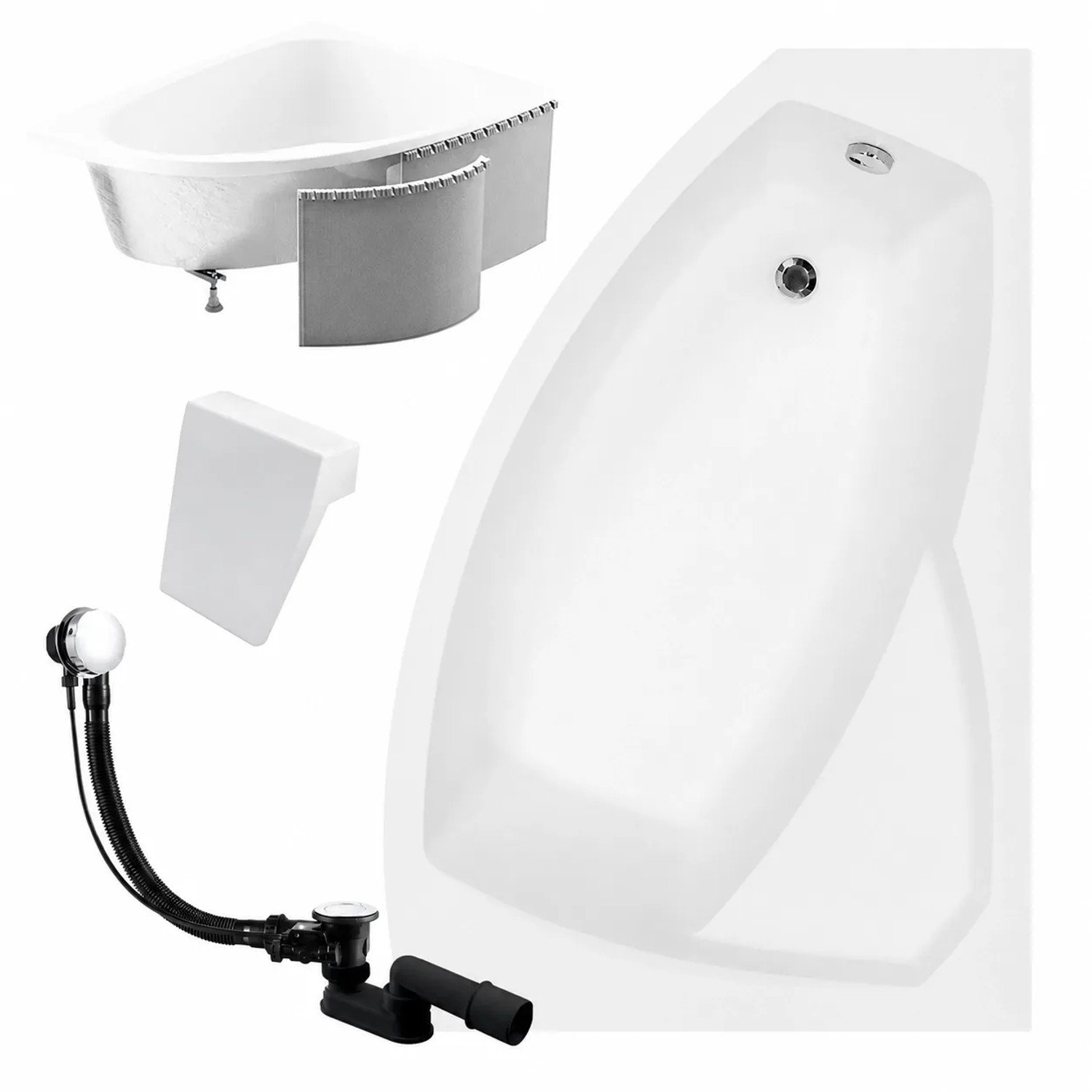 KOLMAN Badewanne Eckwanne 150 x 95 Cm Rechts Mit Styroporverkleidung Und Weißer Kopfstützen Inkl. Ablauf Und Füße