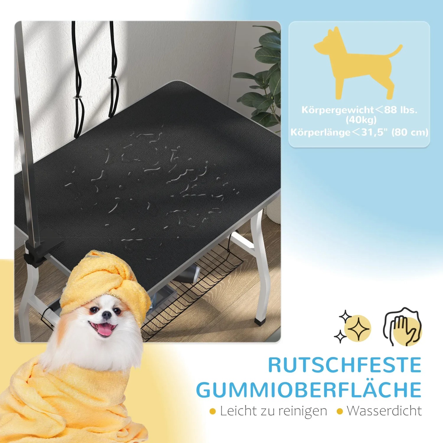 PawHut Tierpflegetisch mit Hund. Schwarze Gummi-Tischplatte, Stahlgestell, verstellbarer Arm. Ideal für Hundefellpflege.