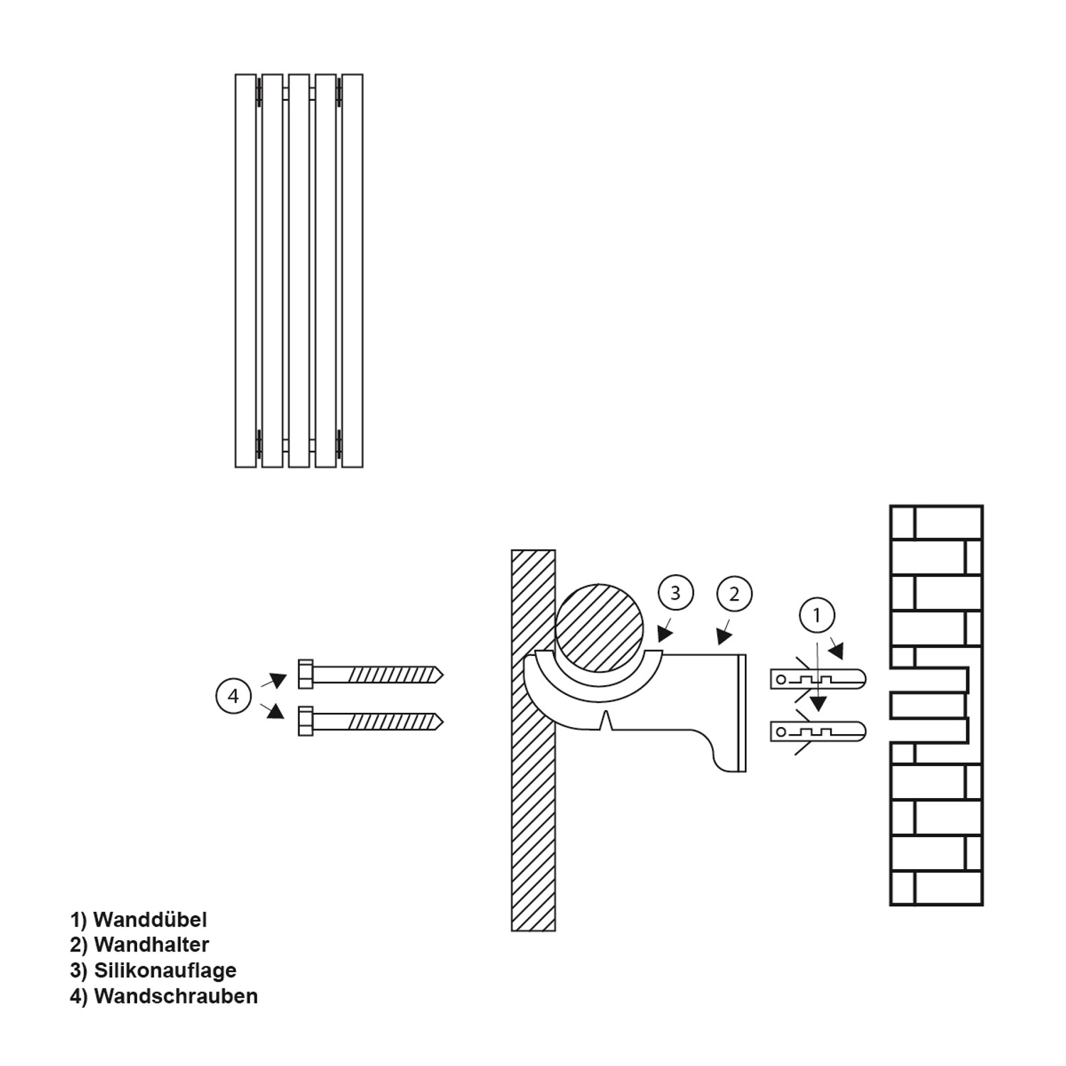 Zeichnung: LuxeBath Halterung für Designheizkörper, Montage mit Dübeln, Haltern und Schrauben.