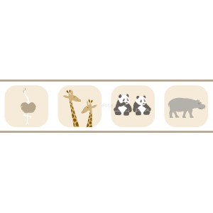 ESTAhome Tapetenbordüre mit Tiermotiven in Beige: Strauß, Giraffen, Pandas und Nilpferd.