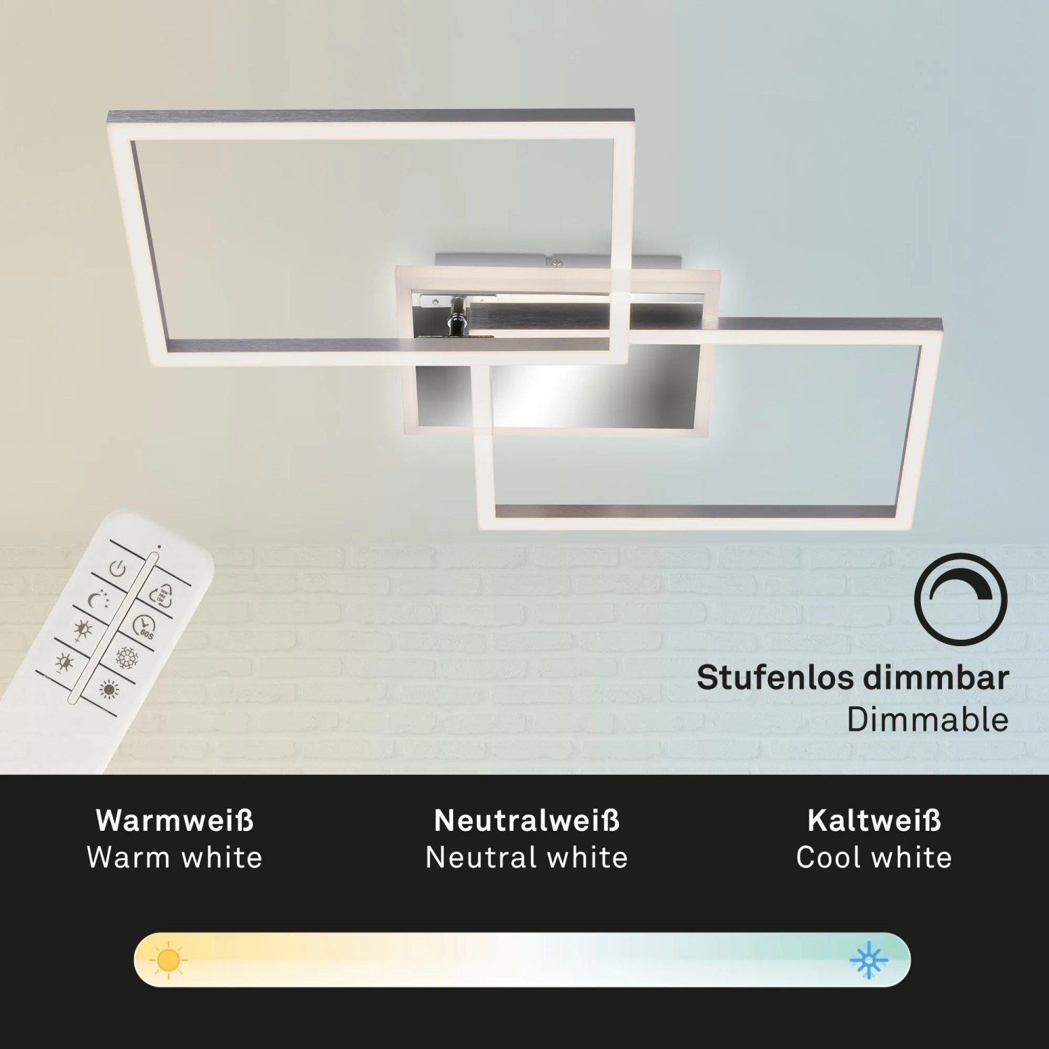 Dimmbare Brilo LED-Deckenleuchte Frame in Silber mit Fernbedienung und Backlight.