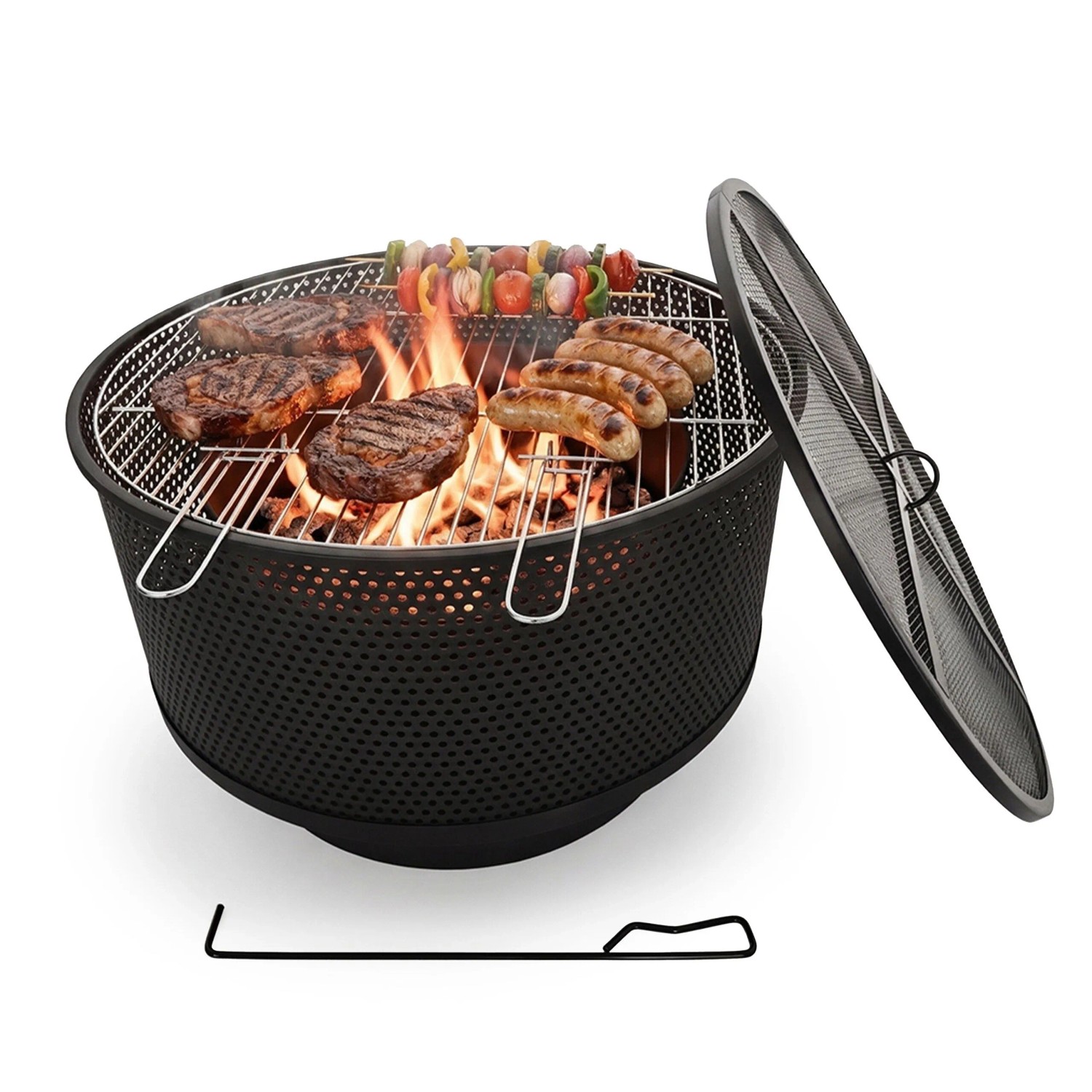 Relaxdays Feuerschale Stahl Schwarz mit Grillrost Funkenfang Hitzeschild 38 cm x Ø 61 cm 13,2 kg