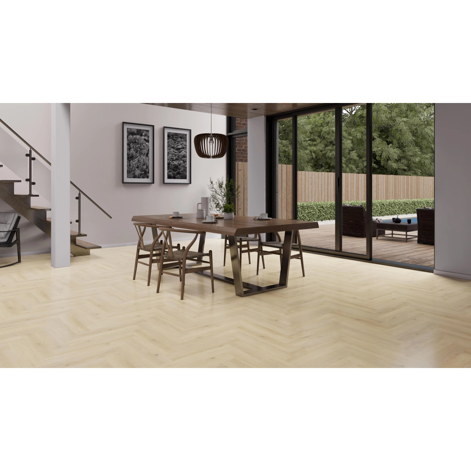 Helle Check One Click-Vinylboden Ziegelhof Oak Herringbone im Wohnraum verlegt.