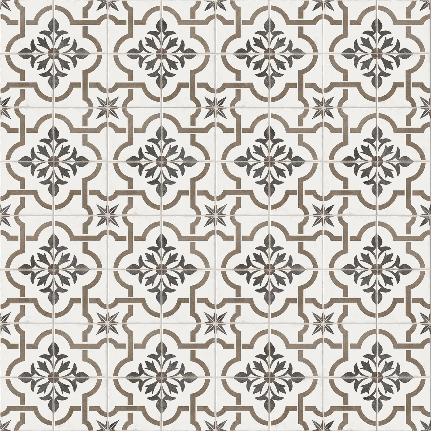 Cersanit Bodenfliese Albergo mit floralem Muster in Beige und Grau, 42x42 cm.