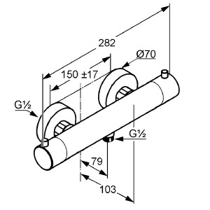 Technische Zeichnung: Kludi Objekta Thermostat Duscharmatur DN 15 Chrom mit Maßangaben.