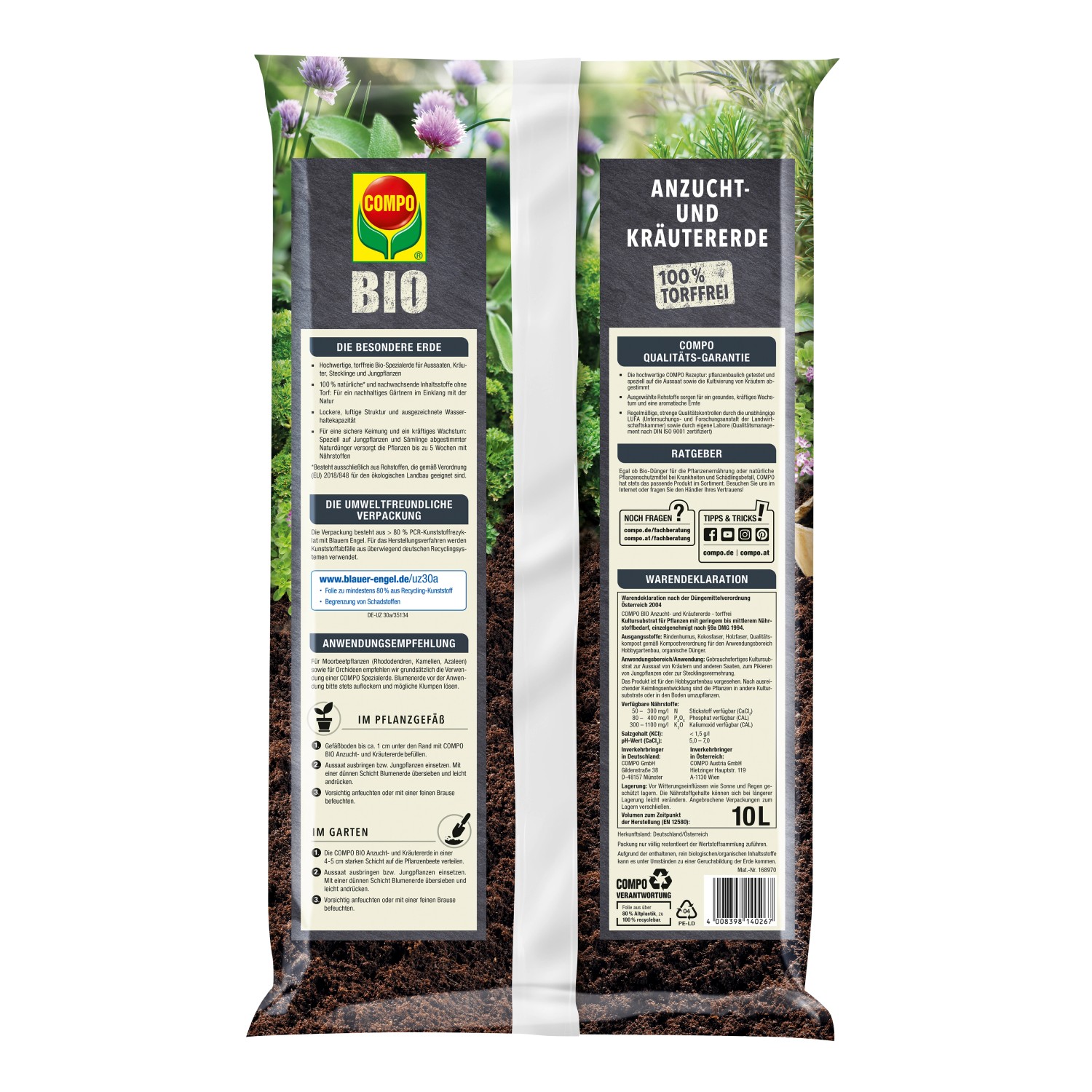 Sack Compo Bio Anzucht- und Kräutererde, torffrei, 10 Liter. Bio-Erde für Aussaat und Kräuter.