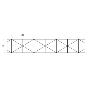 Technische Zeichnung einer transparenten T&J Fachwerkplatte Klassik Top X (3000x980x16mm) für Kunststoffbedachung.