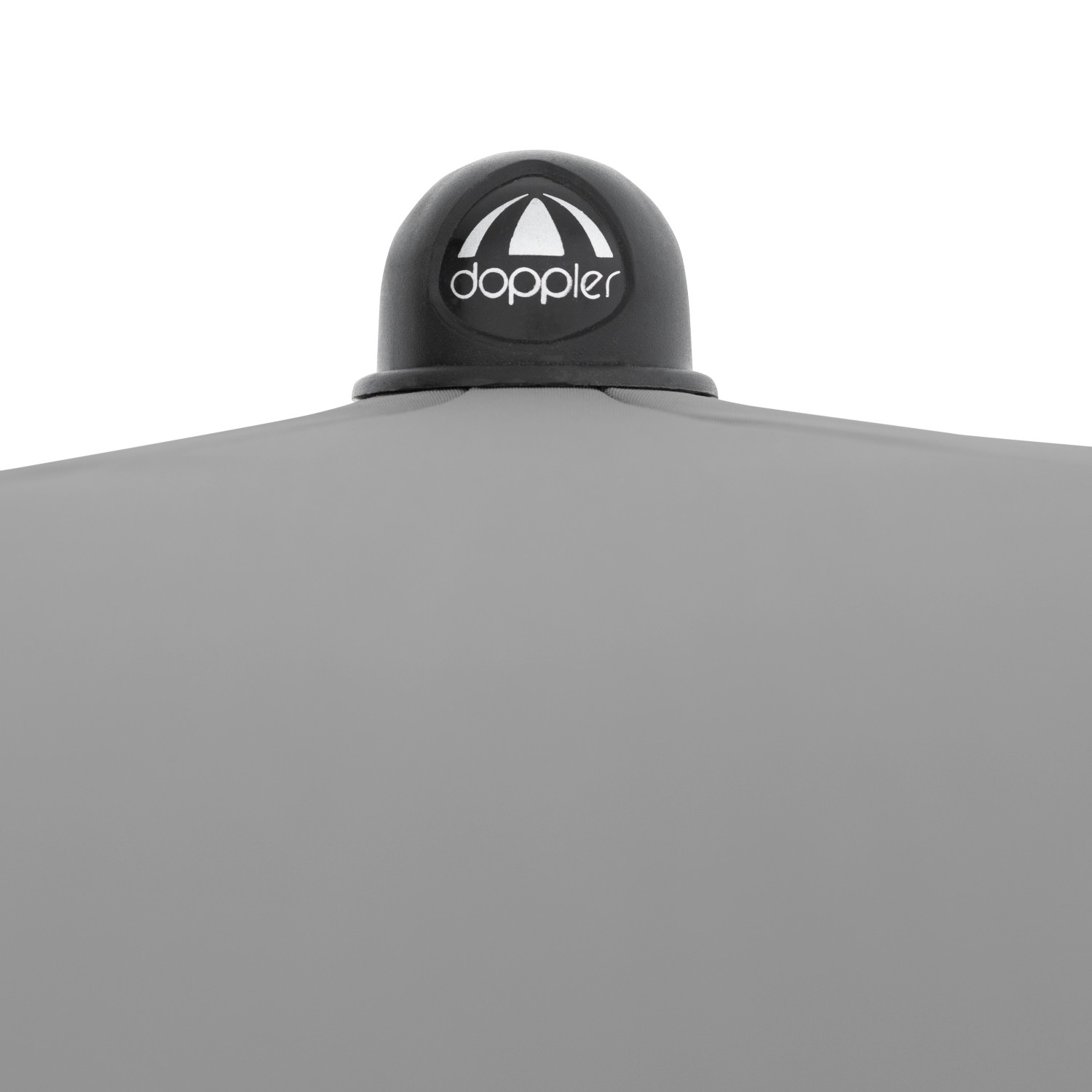 Detailaufnahme: Hellgrauer Doppler Marktschirm (Ø 208 cm) mit Handöffner und Logo.