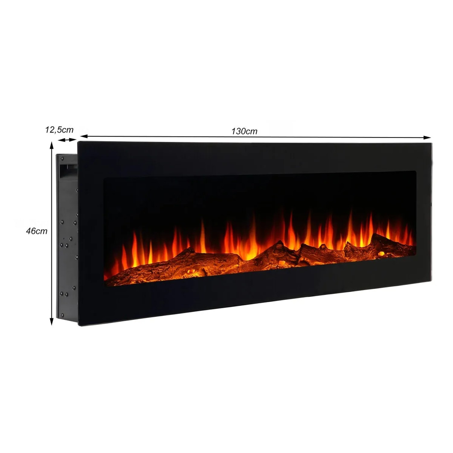 EL Fuego Elektrokamin Meran B130 cm, schwarzer Wandkamin mit Flammeneffekt und Maßen.