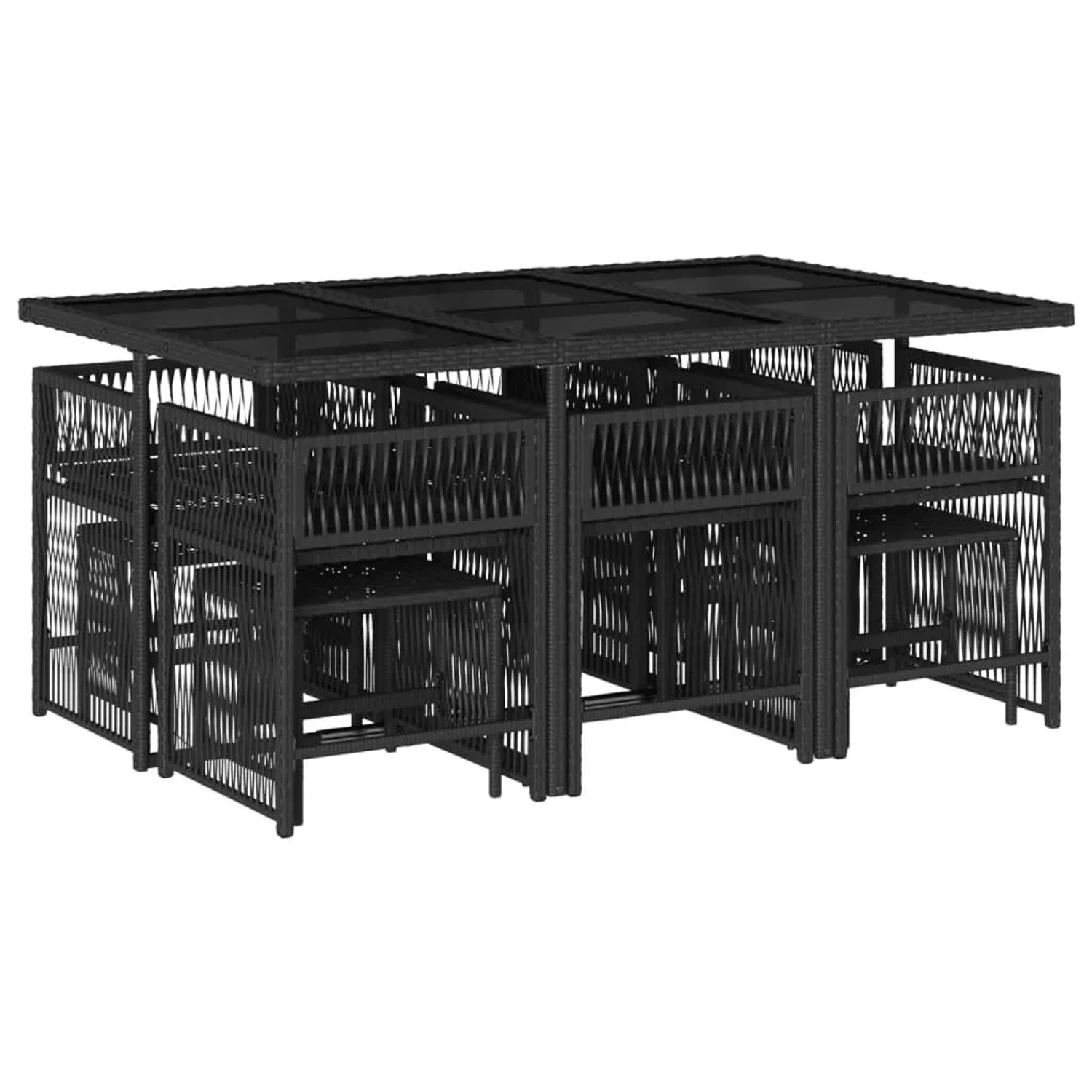 Schwarze 11-tlg. Garten Essgruppe aus Poly Rattan mit Tisch, Stühlen und Hockern. Platzsparende Würfelform.