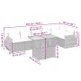 Beige 7-teilige Garten-Sofagarnitur aus Polyrattan mit Tisch und Kissen.