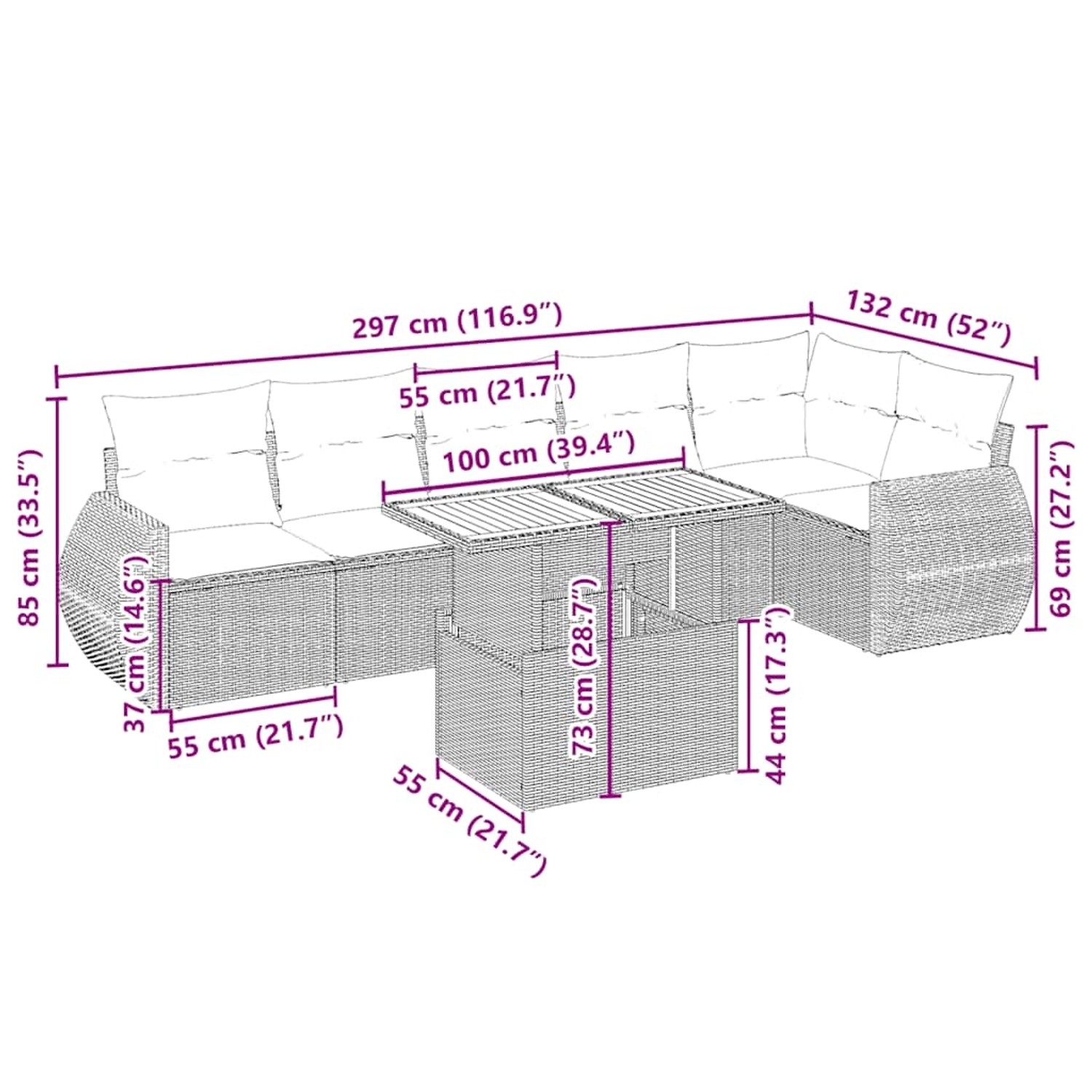 Beige 7-teilige Garten-Sofagarnitur aus Polyrattan mit Tisch und Kissen.