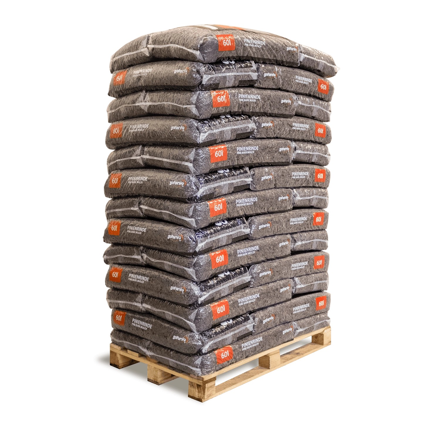 Palette mit 39 Säcken Galamio Pinienrinde Mix Fein (2340l) zur Bodenabdeckung.