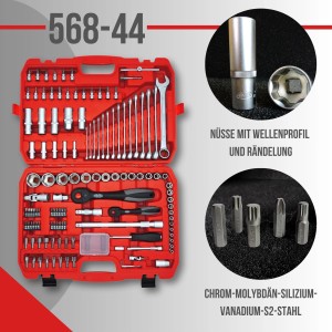 Famex Werkzeug-Set 120-teilig im roten Koffer, Mechaniker Werkzeug und Steckschlüsselsatz.