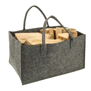 Graue Valo Filztasche, faltbar, gefüllt mit Holz, Zubehör für Kamin & Ofen.