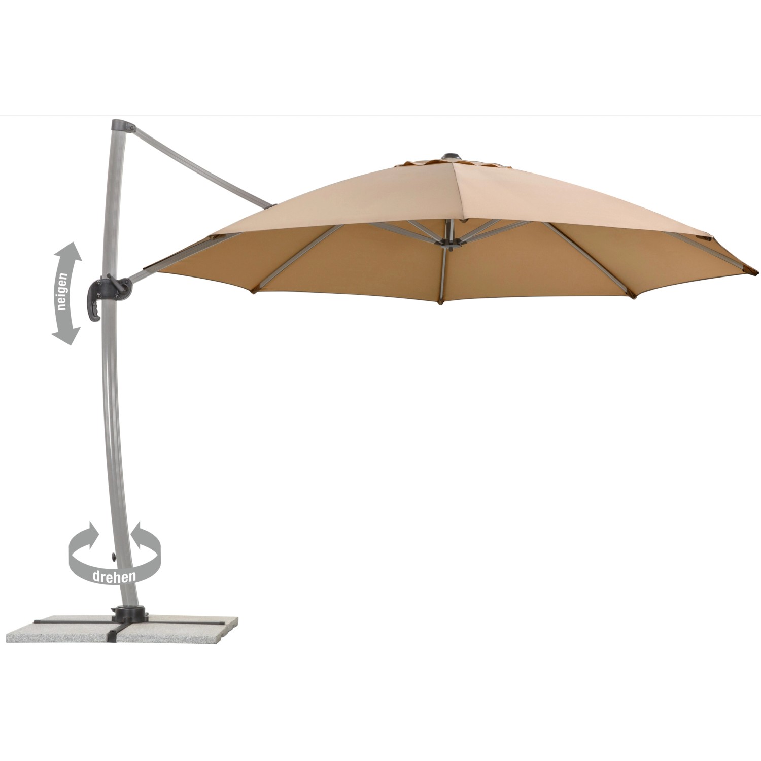 Sandfarbener Schneider Ampelschirm Rhodos, Ø 350 cm, mit Kurbel und Dreh-/Neigefunktion.
