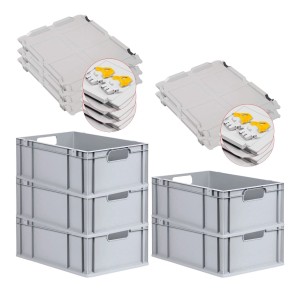 PROREGAL Spar Set: 5 graue Euroboxen mit Deckel und gelben Verschlüssen, 44 Liter.