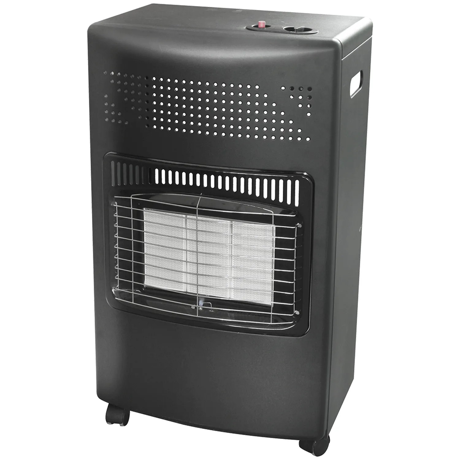 Schwarzer TroniTechnik Gasheizer 4.2 kW mit drei Heizstufen und Schutzgitter.