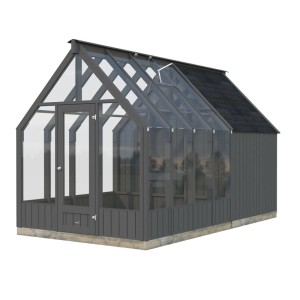 Dunkelgraues Palmako Holz-Gartenhaus mit Satteldach, 240x431 cm, 9,4 m² Grundfläche.