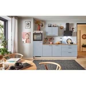 Moderne pino Küchenzeile in Pastellblau, 260 cm breit, mit Geräteschrank und Einbaugeräten.