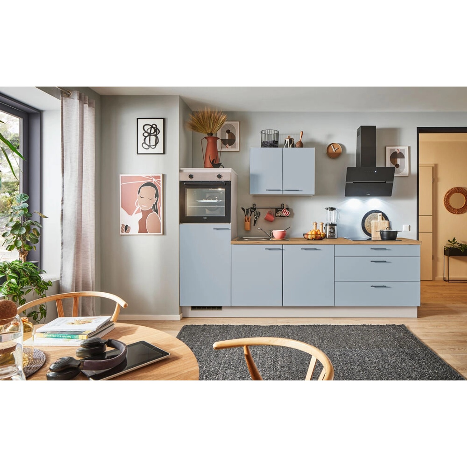 pino Küchenzeile 260 cm Pastellblau Anschlag,inks 1 Geräteschrank günstig online kaufen