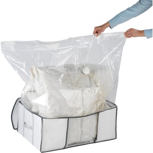 Wenko Vakuum Soft Box L, weiße Textilbox mit Vakuumbeutel für platzsparende Aufbewahrung.
