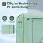 Grünes begehbares Foliengewächshaus mit 135g/m² PE-Abdeckung, UV- und Wetterschutz. Rolltür und Fenster sichtbar.