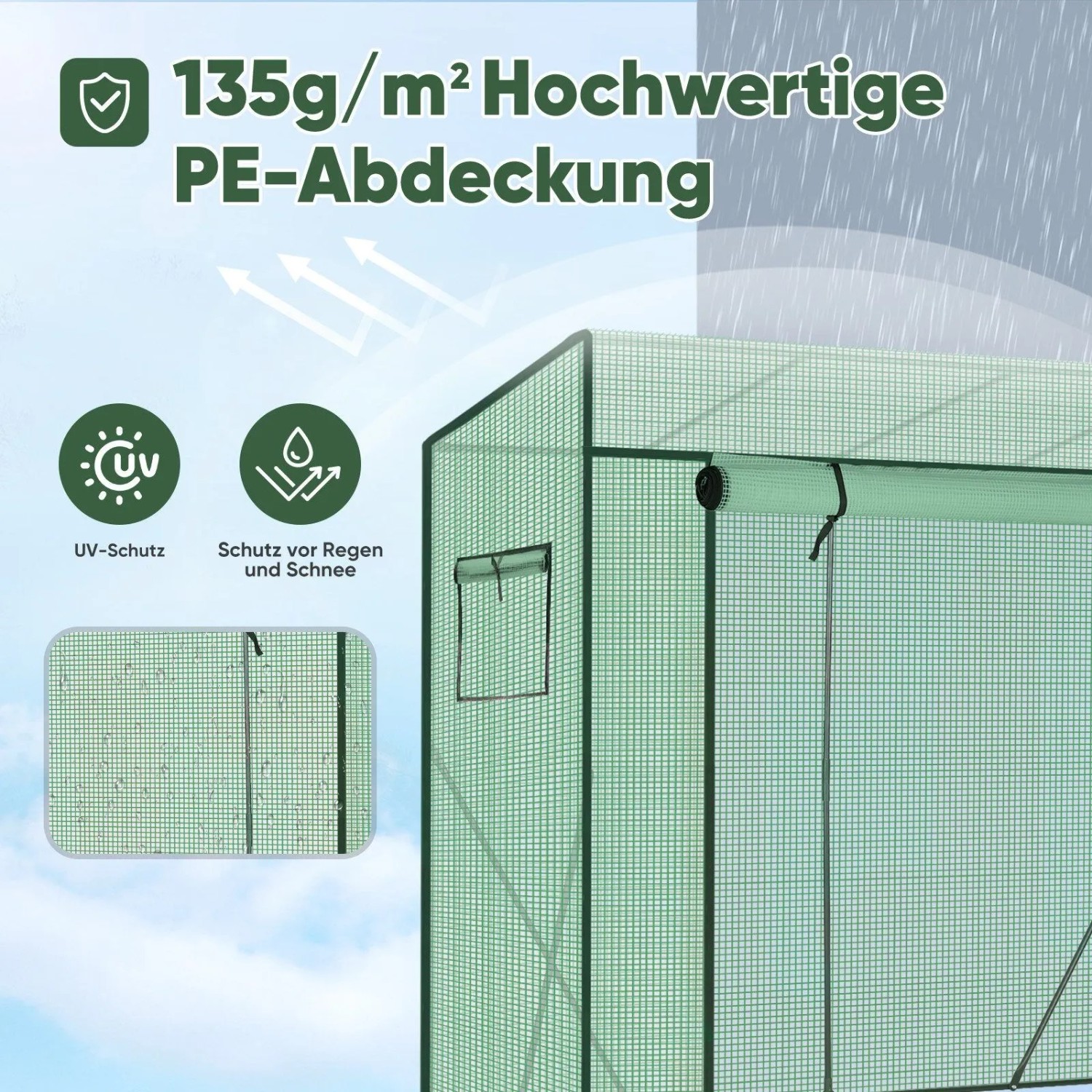 Grünes begehbares Foliengewächshaus mit 135g/m² PE-Abdeckung, UV- und Wetterschutz. Rolltür und Fenster sichtbar.