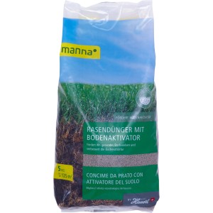 Sack Manna Rasendünger mit Bodenaktivator, 5 kg, für dichten, grünen Rasen.