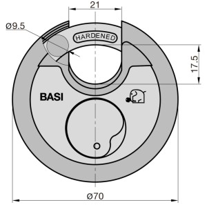 Technische Zeichnung: Basi Rundbügel-Vorhangschloss RVS 610W, 70mm, schwarz, Edelstahlgehäuse mit Maßen.