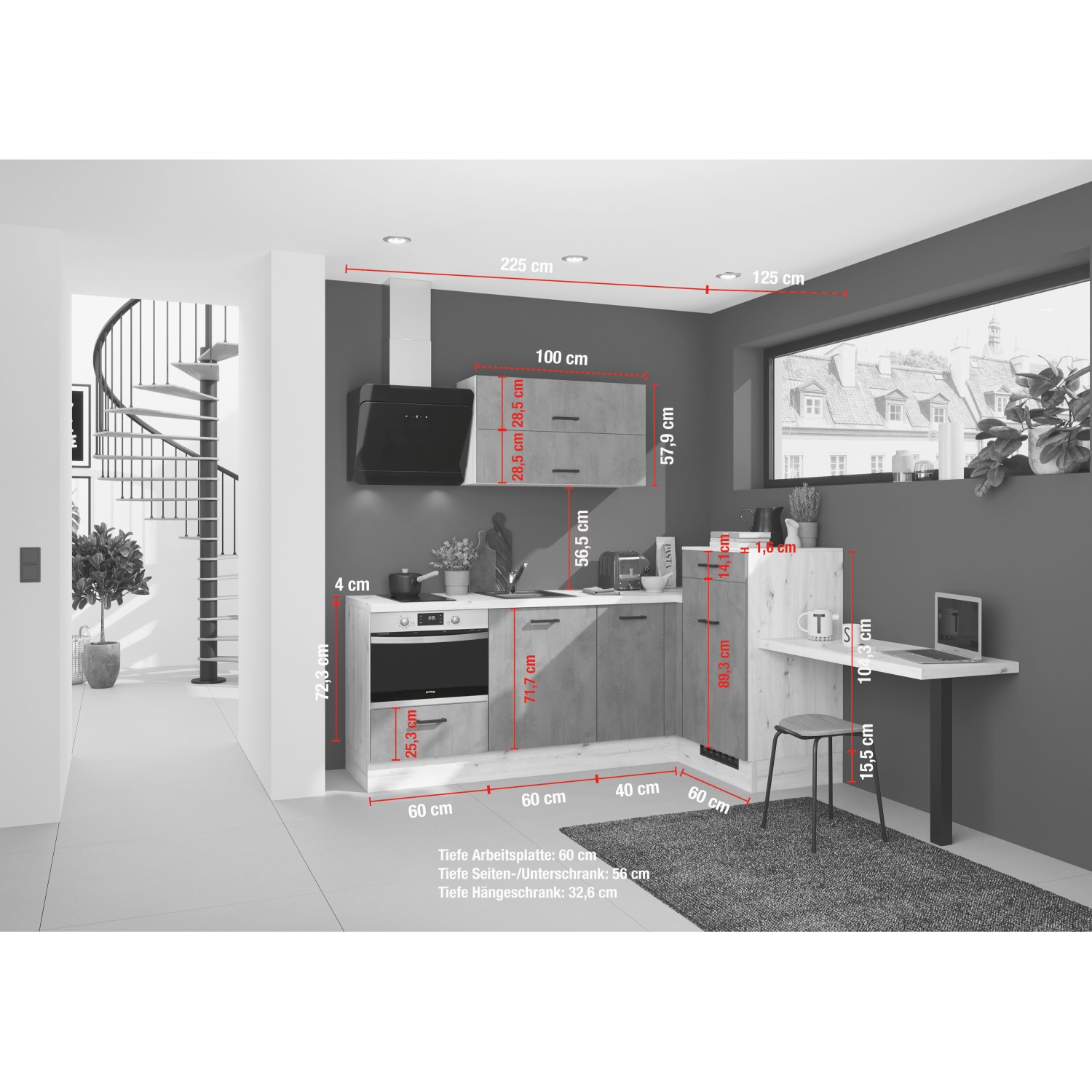 Impuls Küchen Einbauküche in Beton-Optik mit E-Geräten und Spüle, 225x241cm.