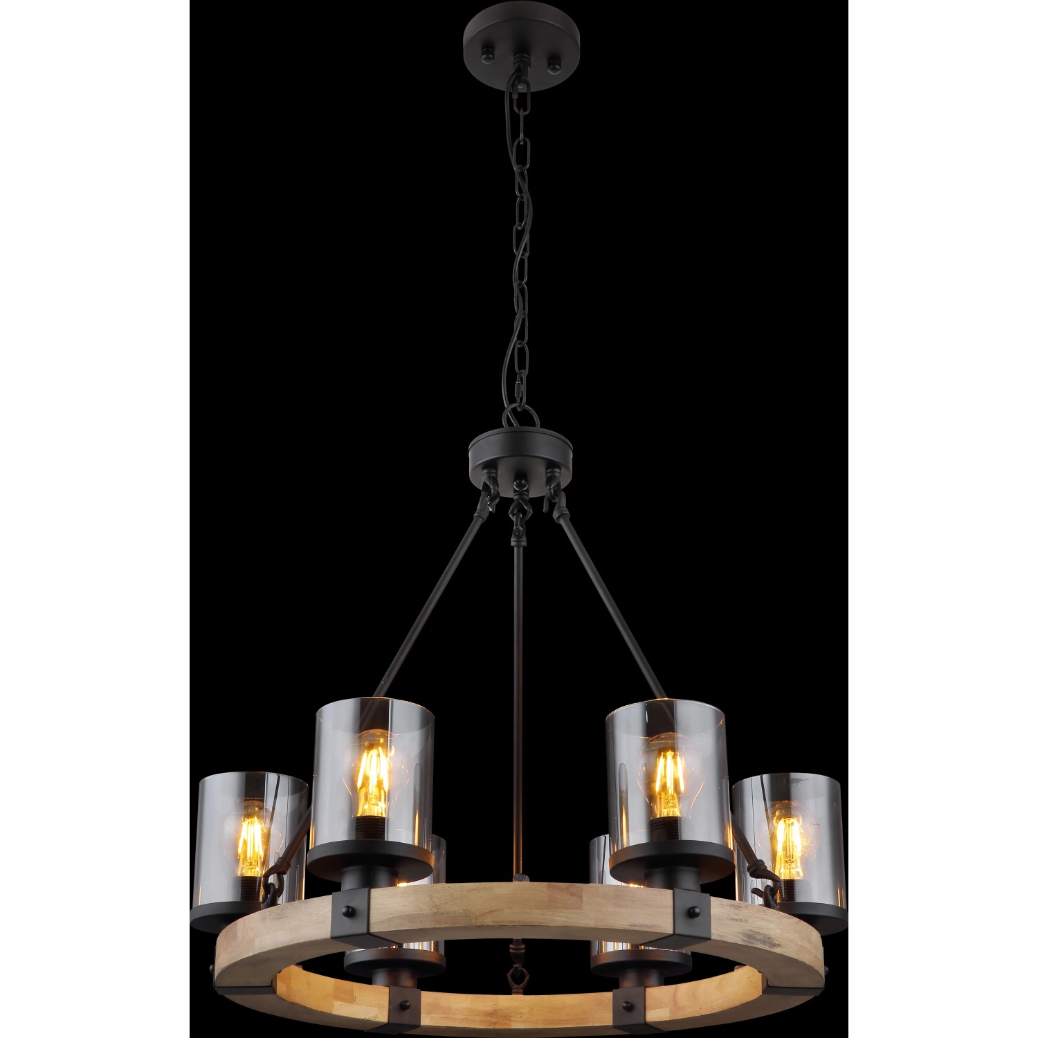 Schwarze, 6-flammige Globo Pendelleuchte mit Rauchglas und Holzring (Ø 59cm) für E27 Leuchtmittel.