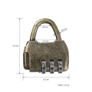 HMF Vintage Deko Zahlenschloss Vorhängeschloss 3-Stellig 43 x 35 x 12 mm Gold