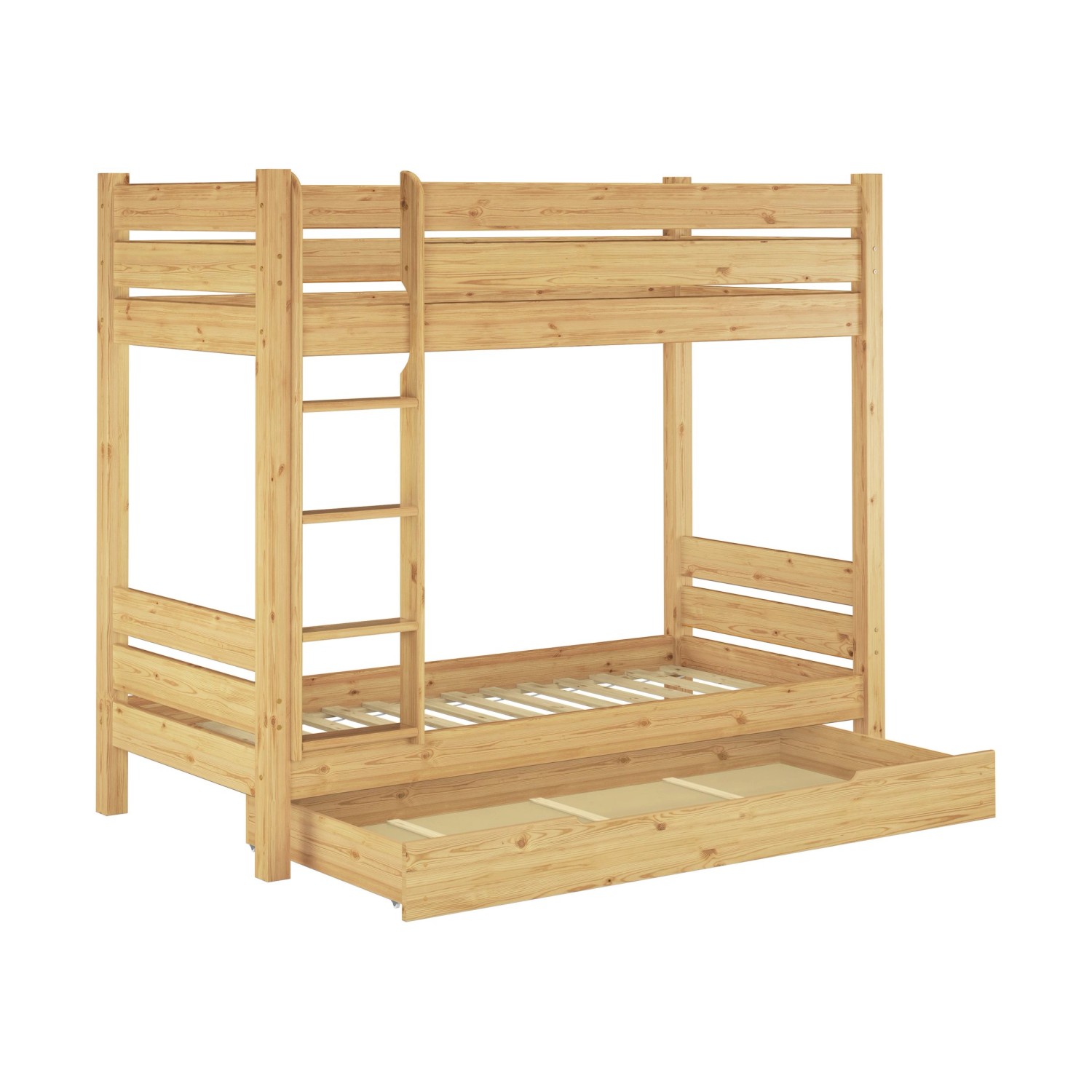 Breites Etagenbett aus Kiefer massiv mit Rollrost, Bettkasten und Leiter. Teilbar in zwei Einzelbetten.