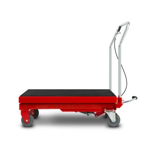 EBERTH hydraulischer Hubtisch mit 150 kg Traglast, rot, mit schwarzer Antirutschmatte und Rädern.