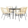 5-teilige Garten-Essgruppe aus Poly Rattan in Braun mit schwarzem Tisch und cremefarbenen Kissen.