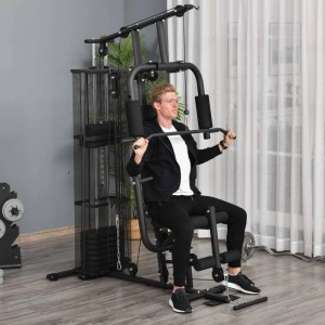 Schwarze HOMCOM Kraftstation aus Metall mit Mann beim Training. Fitnessgerät für vielseitiges Training.