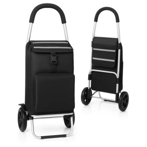 Klappbarer BigDean Einkaufstrolley mit Kühlfach, schwarze Tasche mit Reflektoren.