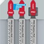 Bosch Stichsägeblatt Pro T 102 H Clean for PVC, 3 Stück. Silberne Sägeblätter mit roten Schäften für Kunststoffe.