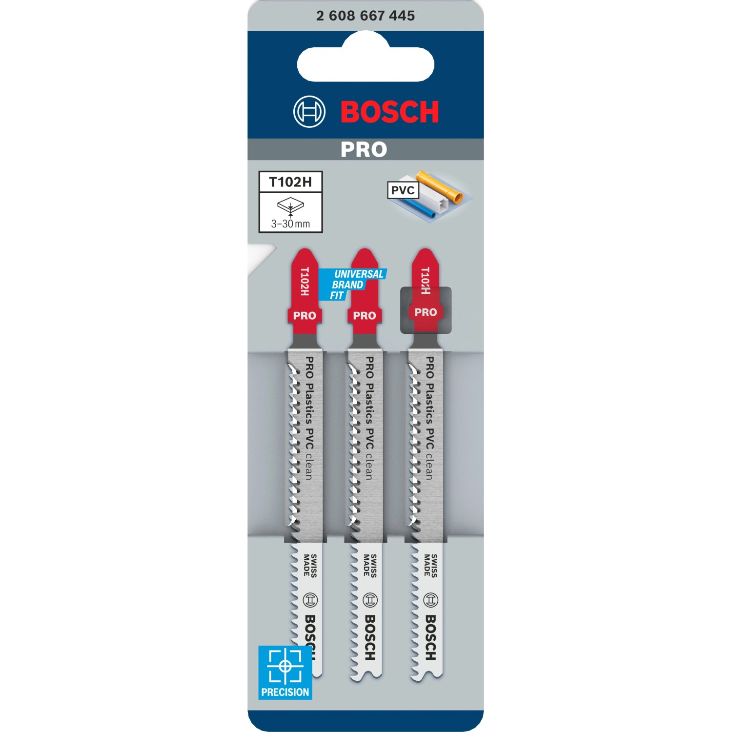 Bosch Stichsägeblatt Pro T 102 H Clean for PVC, 3 Stück. Silberne Sägeblätter mit roten Schäften für Kunststoffe.