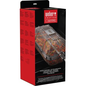 Weber Crafted Drehspießkorb aus Drahtgewebe im Karton, ideal für Grillgemüse und Pommes.