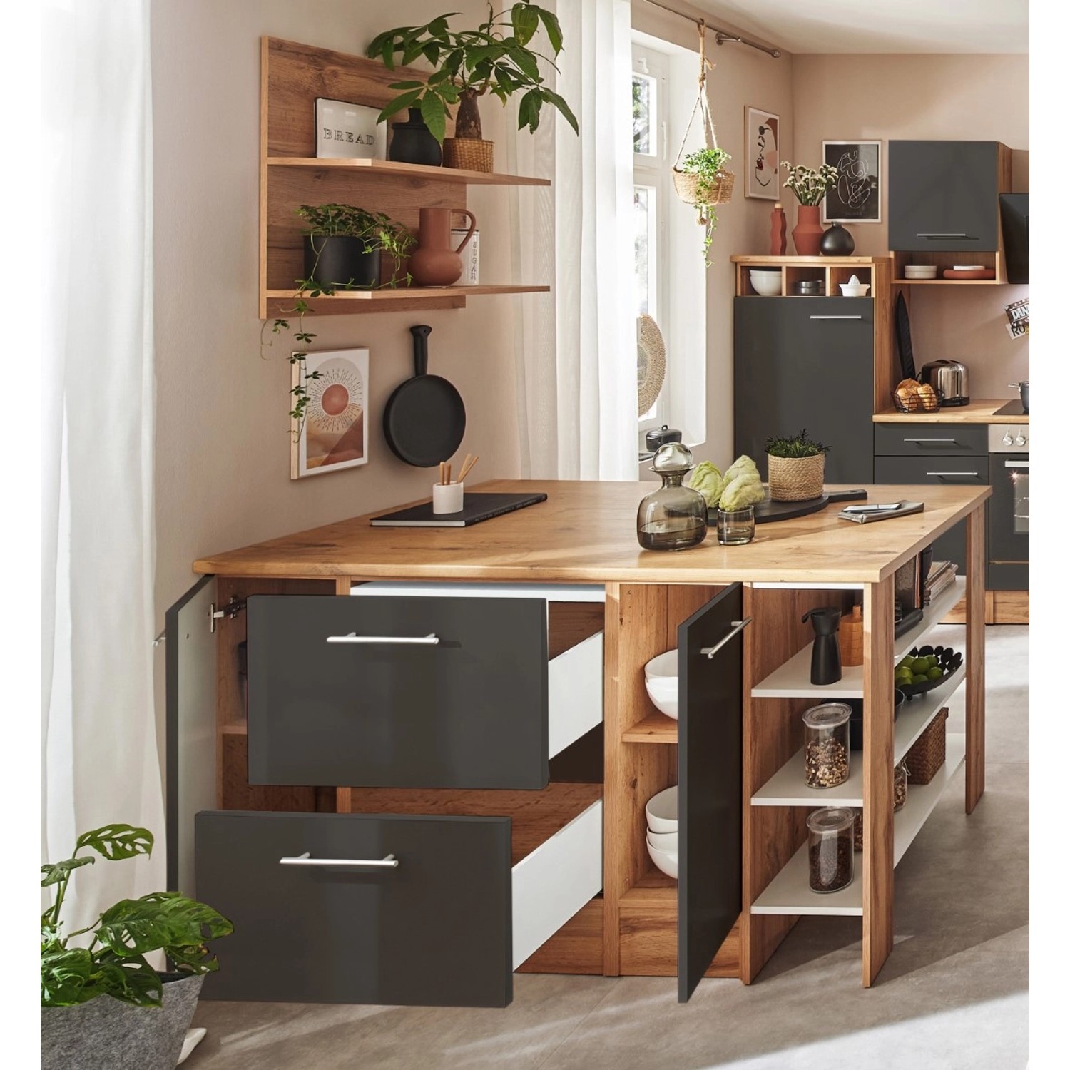 Respekta Winkelküche Hilde in Grau mit Kücheninsel und Holzoptik. Inklusive Elektrogeräte.