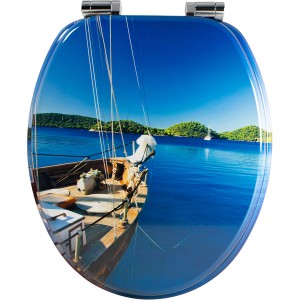 Sanfino WC-Sitz Boat: Toilettendeckel mit Absenkautomatik, Holz, blaues Bootsmotiv.