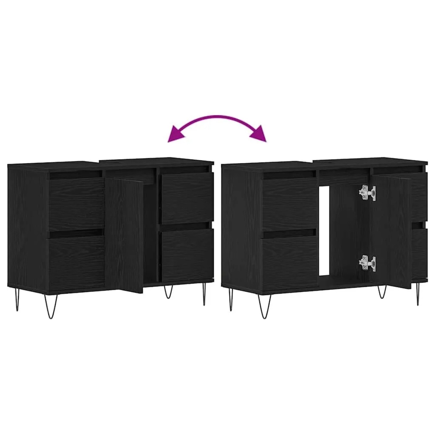 vidaXL Waschbeckenunterschrank in Schwarz Eichen-Optik mit Tür und Haarnadelbeinen.