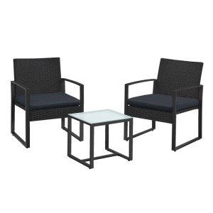 Schwarzes Songmics Gartenmöbel-Set: Tisch und 2 Polyrattan-Stühle für Balkon oder Terrasse.