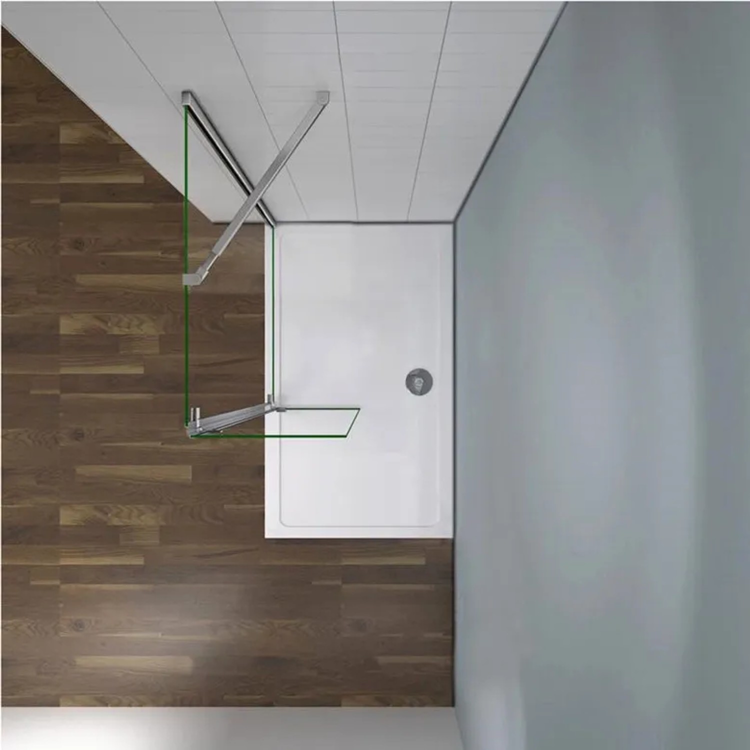 Weiße rechteckige Duschwanne 140x70cm, ebenerdig installiert, mit Duschkabine. Ideal für Walk-in Dusche.