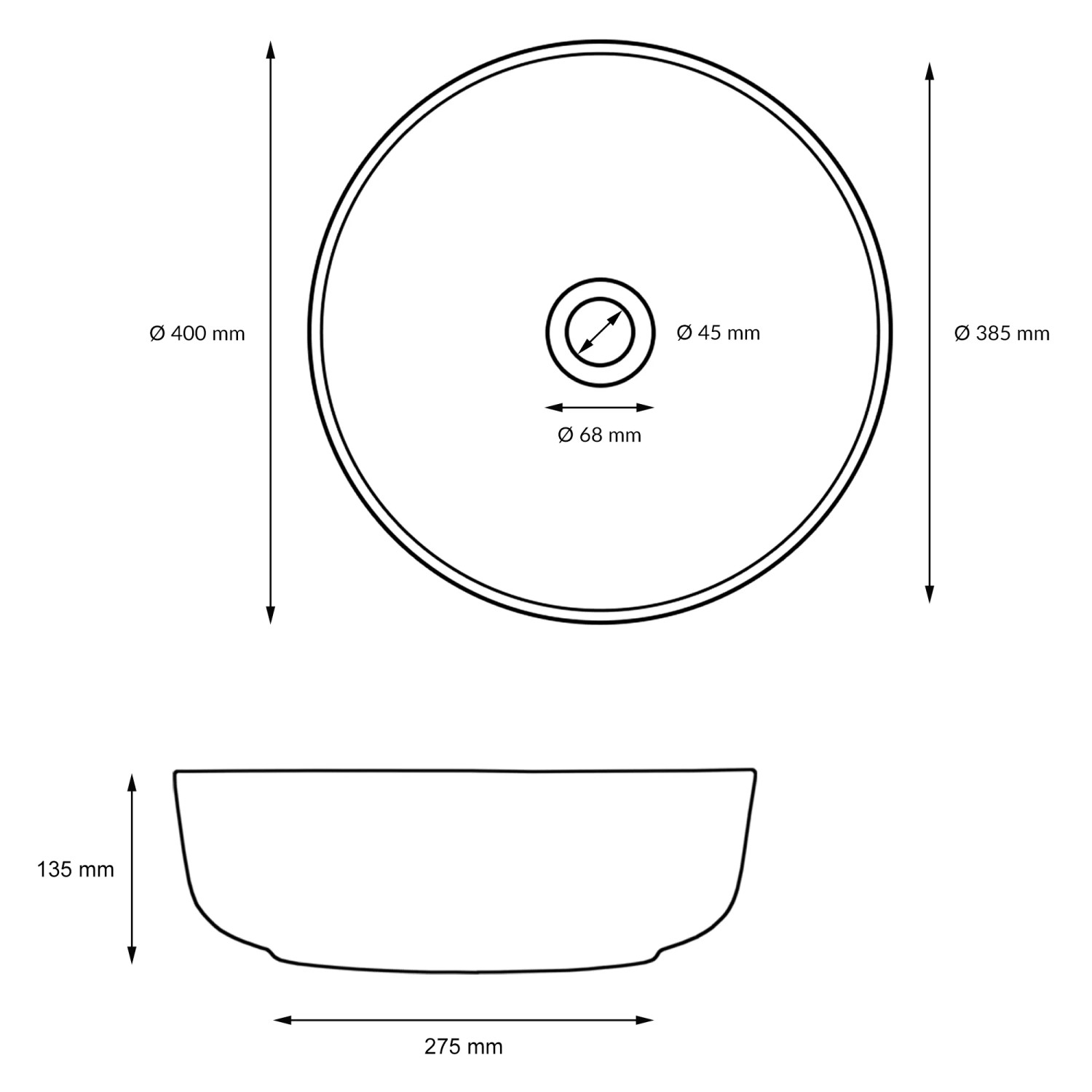 Technische Zeichnung: ECD Germany Waschbecken, 400x400x135 mm, Keramik, mit Maßen.