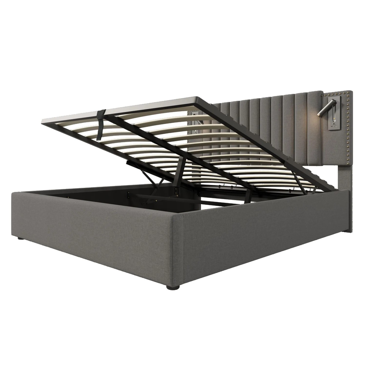 Merax Polsterbett 140x200cm Stauraum USB Grau Baumwolle