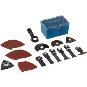 Bosch Professional Multicutter GOP 55-36 mit Zubehör in L-Boxx, verschiedene Sägeblätter und Schleifaufsätze.